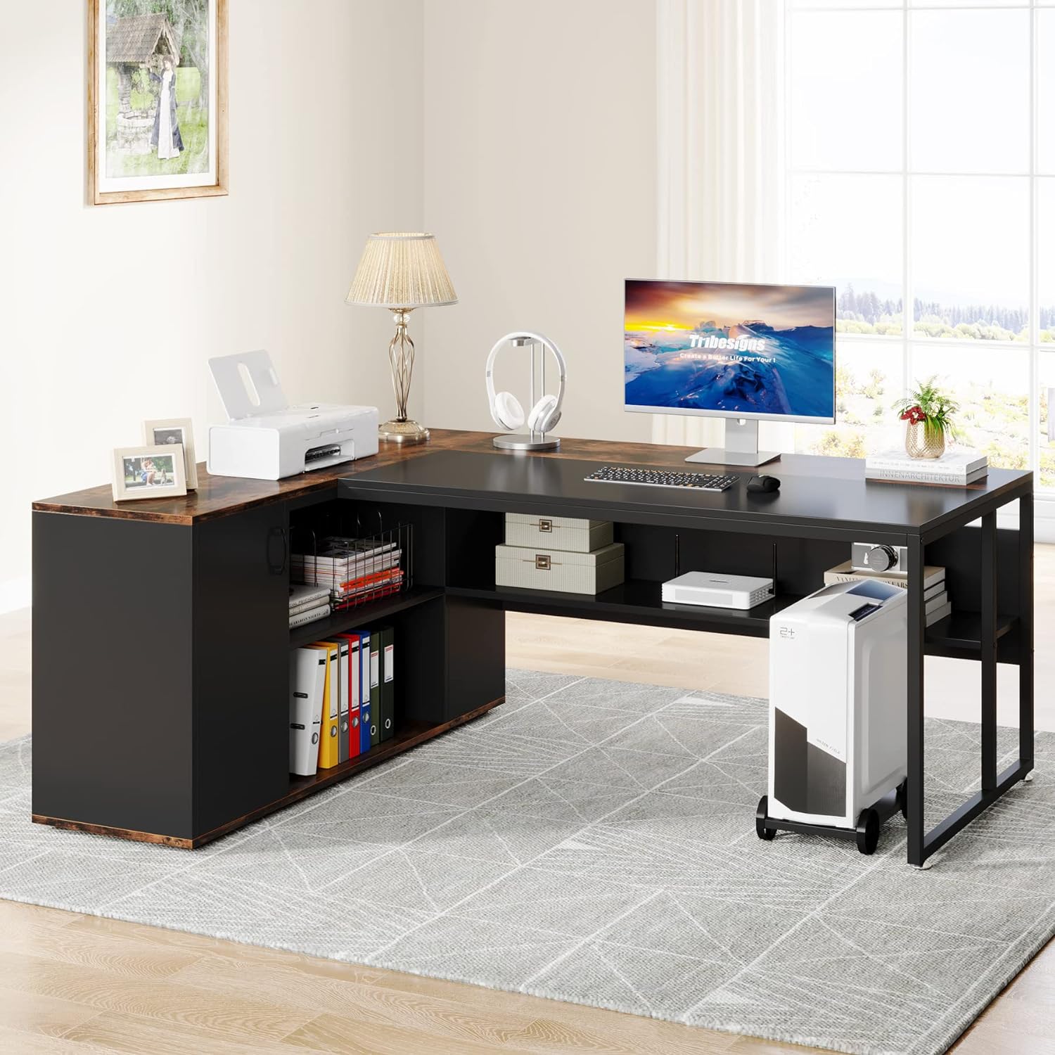 71" Executive L Shaped Computer Desk with Cabinet